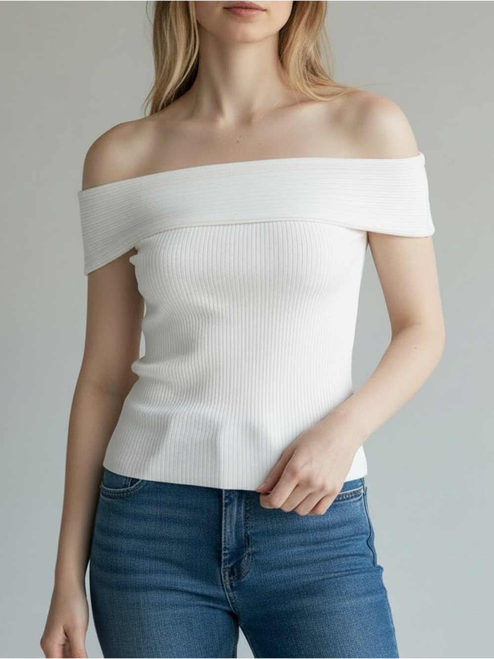 Madewell Ribbed Off-the-Shoulder Top in Eyelet White
